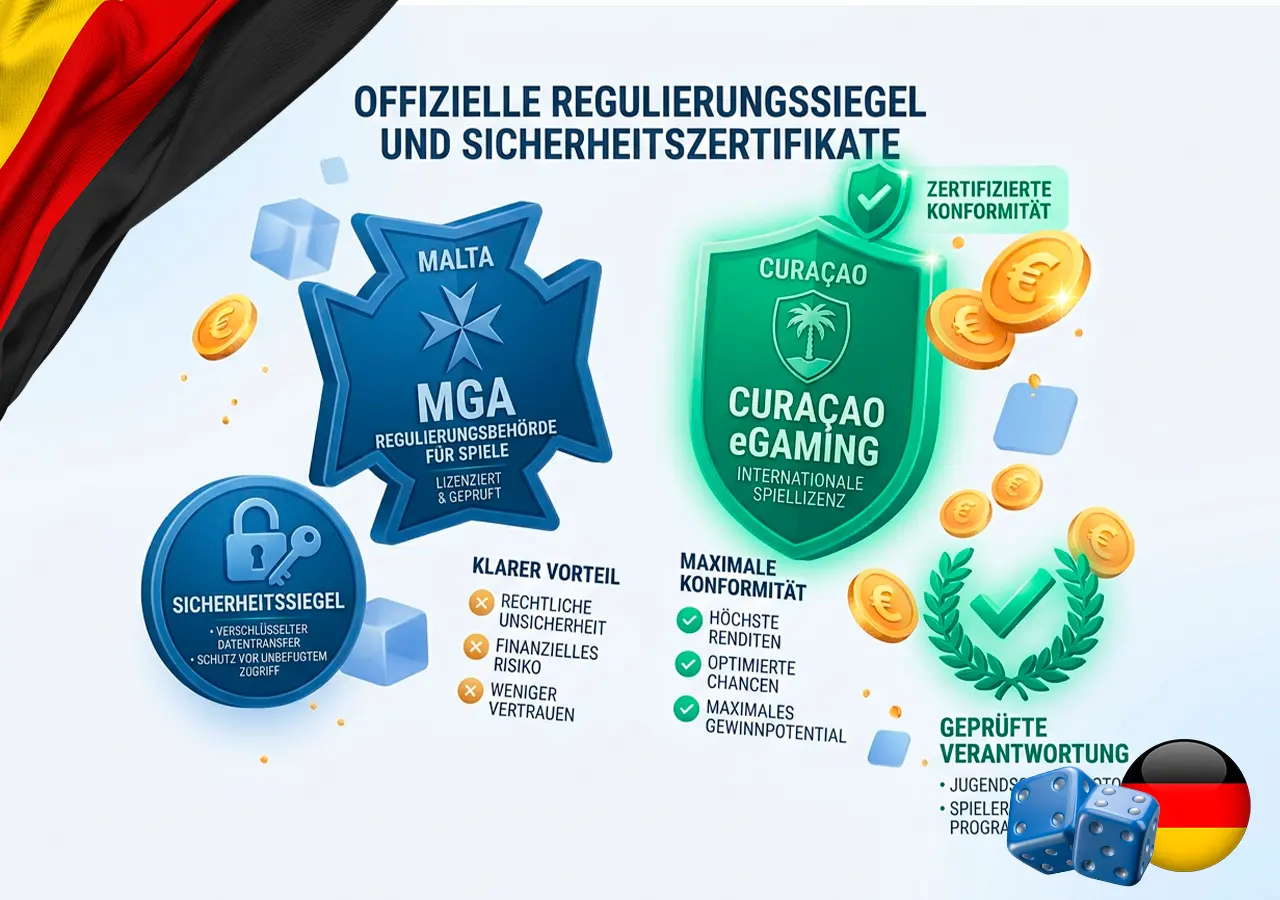 Casino Lizenzen Vergleich MGA Malta Curacao und Anjouan Spielerschutz Siegel